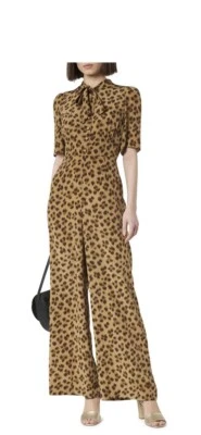 LK Bennett Marmont  100% pure silk jumpsuit 14 leopard animal tie neck wide leg - Image 1 of 4