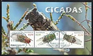 AUSTRALIA 2022 INSECTOS CIGARRAS HOJA DE RECUERDO DE 3 SELLOS EN BUEN ESTADO ... - Imagen 1 de 4