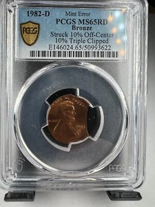 1982 D Lincoln Penny Cent, 1C, 10% off center TRIPLE clipped ERROR PCGS MS 65 RD - Picture 1 of 4