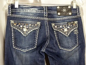 Miss Me 27 JE5141BL  Blue Denim Boot Jeans Jewel Flap Back Pockets Stretch - Picture 1 of 14