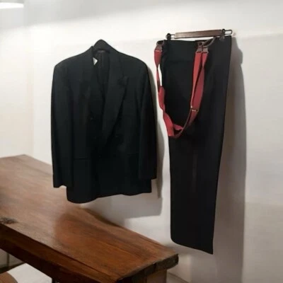 Stanley Blacker, hombre, traje formal, negro, talla 32, tirantes rojos, botones cruzados, hecho en EE. UU.! Foto 1 de 4