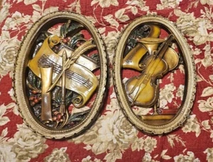 Vintage ovale Gips Wandkunst Skulptur Musik Violine Musical - paar Kerben - Bild 1 von 7