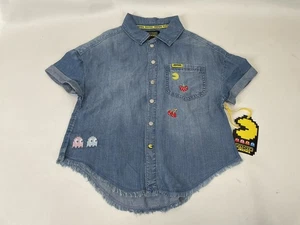 Justice Girls Pacman Denim Shirt Snap Closure Short Sleeve Size XL Blue - Picture 1 of 5