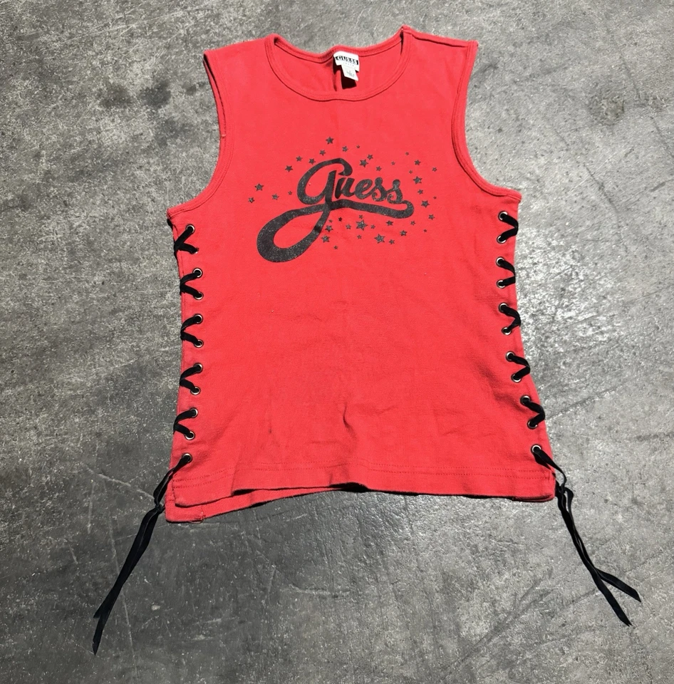 Vintage Y2K 90s Guess Biker Lace Up Grunge Tank Top Red And Black Spell out Logo - Image 1 of 4