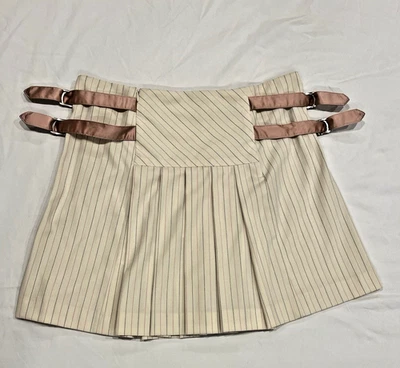 NWT Diane von Furstenberg Pinstripe Pleated Pink Silk Side Belts Mini Skirt Sz 8 - Image 1 of 4