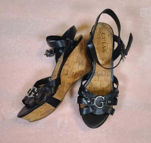Guess Strappy Cork Wedge Sandals 7M Black - Picture 1 of 9