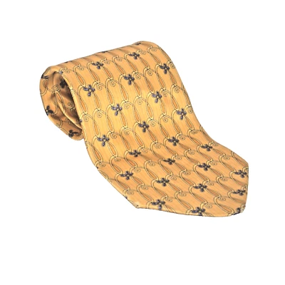 Gravata Faberge 100% seda nº D 086 feito à mão nos EUA ouro e laranja com flores azuis - Imagem 1 de 4