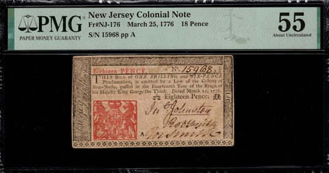 NJ-176 Colonial Currency - New Jersey March 25, 1776 18d 18 Pence - PMG 55 Cover