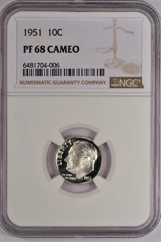 1951 Roosevelt Dime Proof NGC PF 68 CAMEO / PR68CAM Spot Free Cover