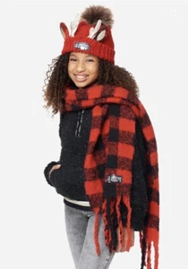 *NWT* JUSTICE Buffalo Check Pom Pom Reindeer Beanie Hat & Fringe Scarf Set, Red - Picture 1 of 1