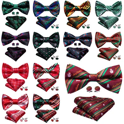 Mens Bow Tie Pre-Tied Black Red Paisley Bowtie Hanky Cufflinks Set Wedding 3PCS - Image 1 of 4