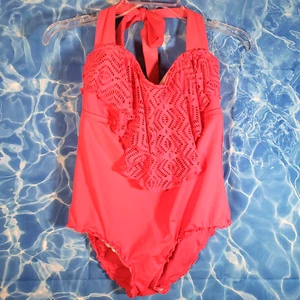 Becca Coral One Piece Swimsuit 0X 14-16 Halter Lace Ruffle NWOT - Picture 1 of 9