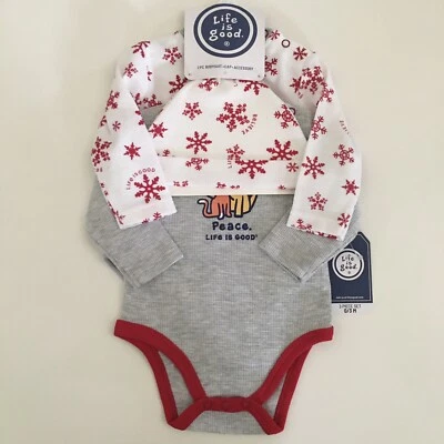 NUEVO (0-3M) Life is Good Juego de 3 piezas Sombrero y 2 Bodys Rojo Blanco y Gris PAZ Foto 1 de 4