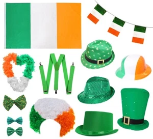 ST PATRICKS DAY HAT WIG FLAGS BOW TIE IRELAND PADDYS IRISH PARTY FANCY DRESS LOT - Picture 1 of 15
