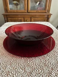 Vtg Anchor Hocking Ruby Red Glass Serving Platter & Large Bowl Base-Beautiful! - Picture 1 of 13