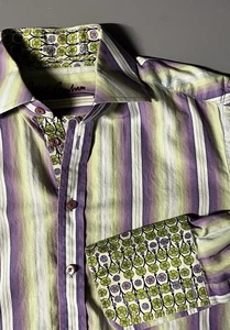 Camicia Robert Graham uomo grande viola verde righe polsino ribaltabile bottoni davanti - Foto 1 di 16