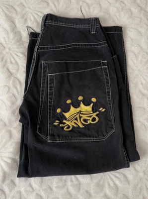 Pantalones de mezclilla negros holgados con gráfico de corona amarilla Jnco Tribals vintage para hombre talla 34 Foto 1 de 4