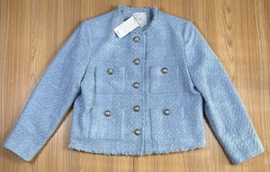 MNG Tweed Blazer Jacke Damen XL Perlen Knopf Taschen Babyblau Neu mit Etikett Klassiker - Bild 1 von 13