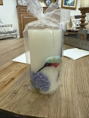 Stunning Pillar Candle W/Embossed Hummingbird and Flowers Glitter Rhinestones - Image 1 of 4