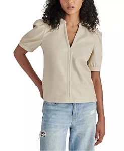 Steve Madden Jane Short Puff Sleeve Bone Faux Leather Top Women’s Sz Large NEW - Picture 1 of 7