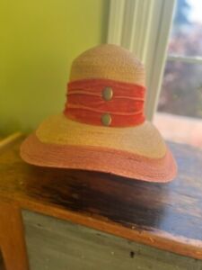 Vintage Antique Women's 1920'S Tan Straw Cloche Hat with Orange Ribbon