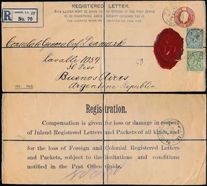 GB DÄNISCHES KONSULAT 1913 EINGETRAGENES GANZSACHEN nach ARGENTINIEN + SIEGEL + DGK PERFIN - Bild 1 von 1