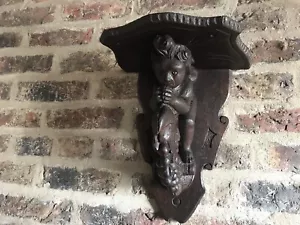 Victorian salvaged wooden church sconce of a winged angel holding grapes - Picture 1 of 17