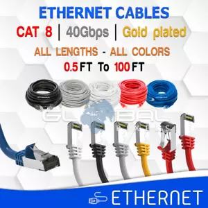 Cable Ethernet CAT 8 chapado en oro de 0,5 pies a 100 pies rj45 40 GB lote red LAN de parche - Imagen 1 de 109