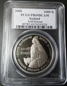 :2000 S1000K ICELAND KM#37 LEIF ERICSON PCGS PR-69-DCAM RARITY R-3 HIGH-GRADES - Picture 1 of 2