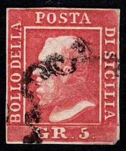 Sicily 1859 Sass 9b 5gr Dark Carmine VFU Very Fine Used Cat €1750 Rare - Picture 1 of 2