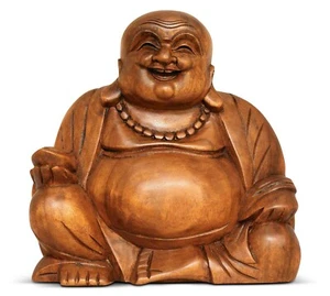 Statua scultura Buddha felice sorridente 8" in legno intagliato a mano fatta a mano - Foto 1 di 5