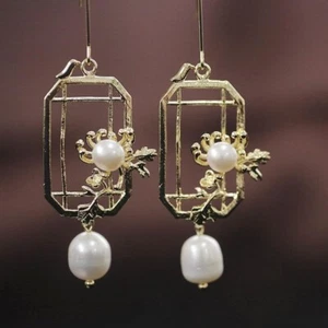 Boutique Design Mandarava flower rectangle window freshwater pearl earring - Picture 1 of 10