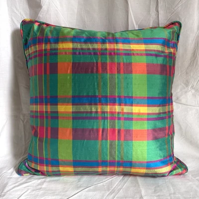 VTG BRIGHT Plaid SILK Dupioni 16" Square Pink GREEN Yellow PREPPY THROW PILLOW - Image 1 of 4