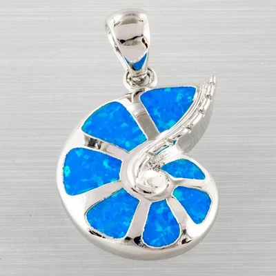 Collar colgante de joyería de plata ópalo de fuego azul océano concha caracola Foto 1 de 4