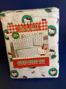Sanrio Hello Kitty Queen Sheet Set Christmas Gifts & Holly Cotton Bedding New - Picture 1 of 6