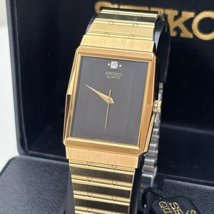Neo Vintage SEIKO Watch Japan Quartz NOS Gold Tone Black Tank 7431-5280 Box - Picture 1 of 11