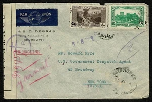 SG72D LEBANON 1944 Censored cover to New York - Picture 1 of 2