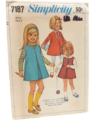 Simplicity 7187 Sewing Pattern Size 3 Jumper Pleated Front Dress Girls 1960s - Image 1 of 4