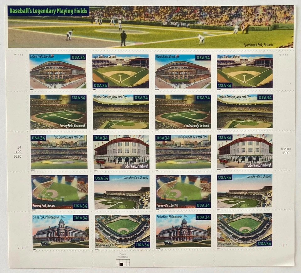 1 Pane Sheet 20 X 34¢ USPS Postage Stamps BASEBALL'S LEGENDARY PLAYING FIELDS - Image 1 of 1