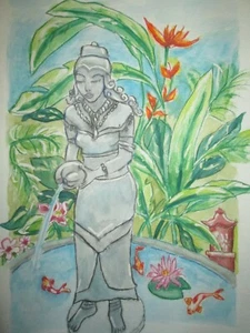 Bali Gartenbrunnen, 11" x 15", Orig. Aquarell, Koi Fisch, Buddha Statue - Bild 1 von 10