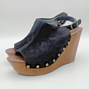 Wood Wedge Black Platform Heels Faux Suede Peep Toe Brass Studded Mossimo Sz 8.5 - Picture 1 of 19