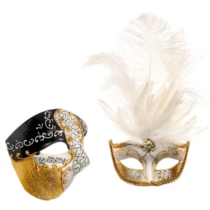 Phantom Half Face Musical Gold & Venetian Gold Mardi Gras Feather Couple Masks - Picture 1 of 1