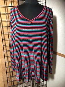 Lane Bryant L/S Black,Teal,Pink,Red and Silver Metalliac Stripe Top Size 22/24 - Picture 1 of 6
