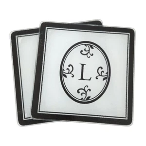Glass Black & White Trivets (SET OF 2)- Monogram Initial Letter "L"- 8" x 8" - Picture 1 of 7