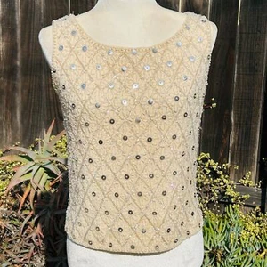 Vintage Wool Beaded Sequin Tank Top Womens Medium Cream Floral NYE Coquette - Picture 1 of 11