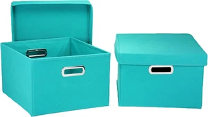 Fabric Storage Boxes with Lids and Handles, Aqua - Picture 1 of 12