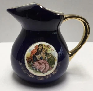 Vtg Cobalt Pitcher Creamer COURTING COUPLE & Pink FLOWER Mexican Pottery 5” - Picture 1 of 9
