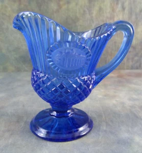 Vintage Fostoria Cobalt Blue Cut Glass Mini Pitcher With Medallion - Picture 1 of 4