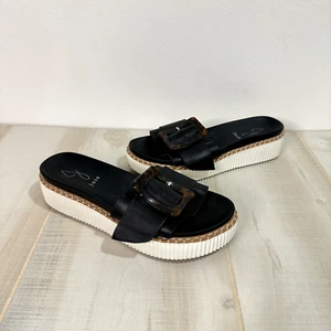 Joie Sandals Size 8.5M Lyla Leather Slip On Black Tortoise Shell Buckle Platform - Picture 1 of 9