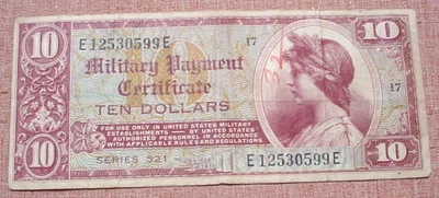 Rare US Military Payment Certificate Series 521 - $10 Dollars - 1954 Banknote - Image 1 of 2